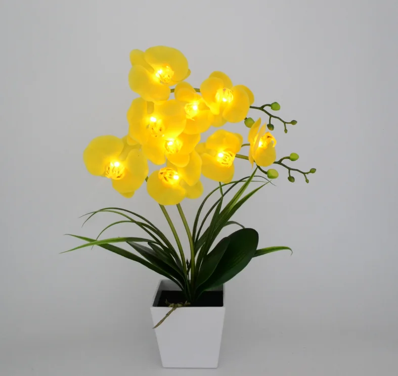 14 цветов 9 светодиодов фаленопсис горшок лампа 50 см Искусственный цветок настоящий на ощупь фаленопсис латекс кремния освещение для бонсай