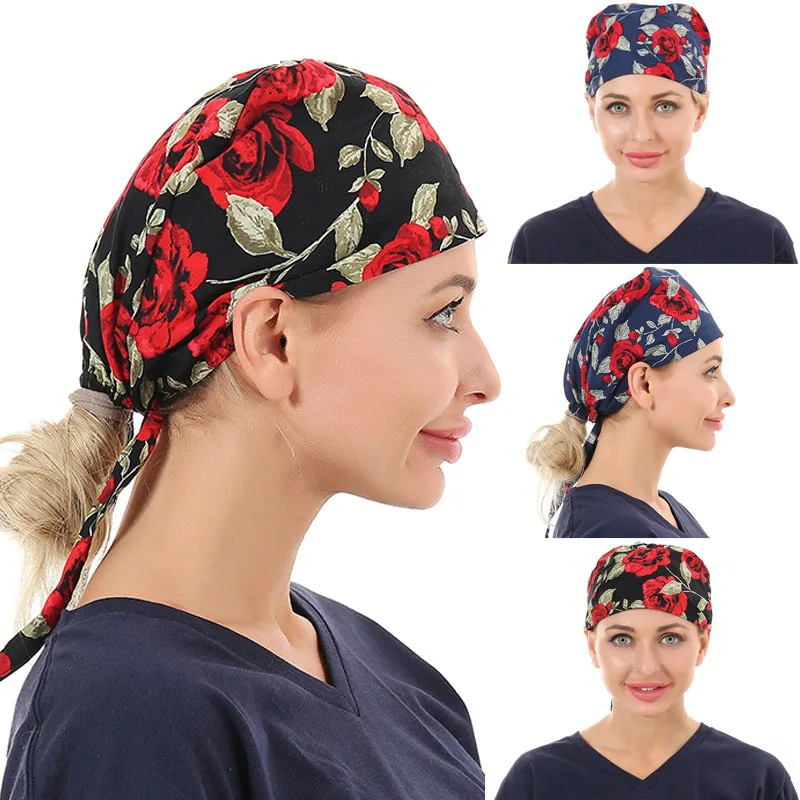 

Women Scrubs Hats with Button Work Hats Adjustable Pet Shop Dust Cap Sanitary Cap Beauty Salon Nursing Work Scrubs Caps