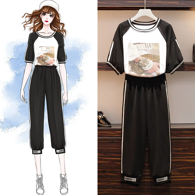 

2019 Summer Wear New Style Large Size Chiffon Joint Diamond Set Short Sleeve Capri Pants Two-Piece Set