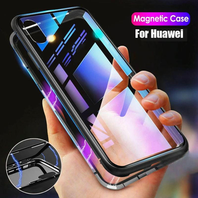 

Magnetic Adsorption Metal Case For Huawei P30 P20 Pro Lite Tempered Glass Back Cover For Mate 20 20X 20Pro 10 Lite