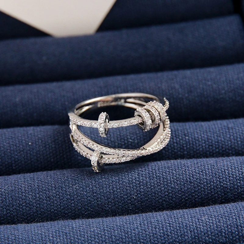 Движущийся круглый круг циркон чистое серебро 925 пробы палец кольцо Двухслойное кольцо со звездами любовь навсегда женские свадебные украшения