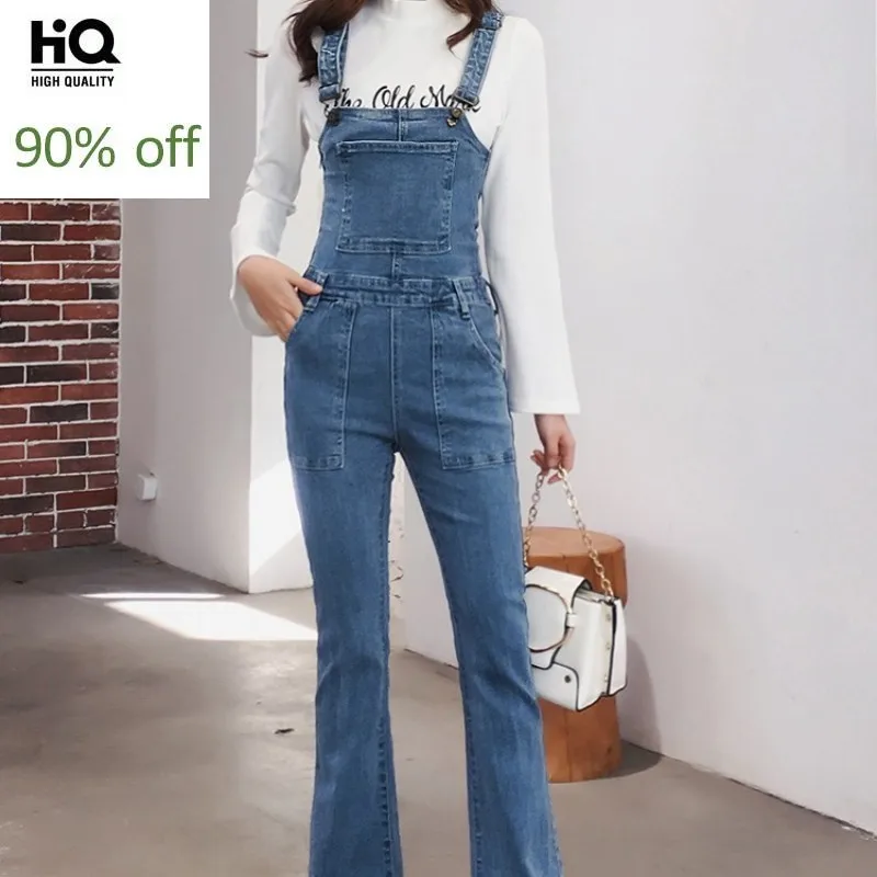 

Street Denim Jumpsuit Women Vintage 2020 New Autumn Slim High Waist Trousers Washed Blue OL Style Flare Jeans Cowgirl Overalls