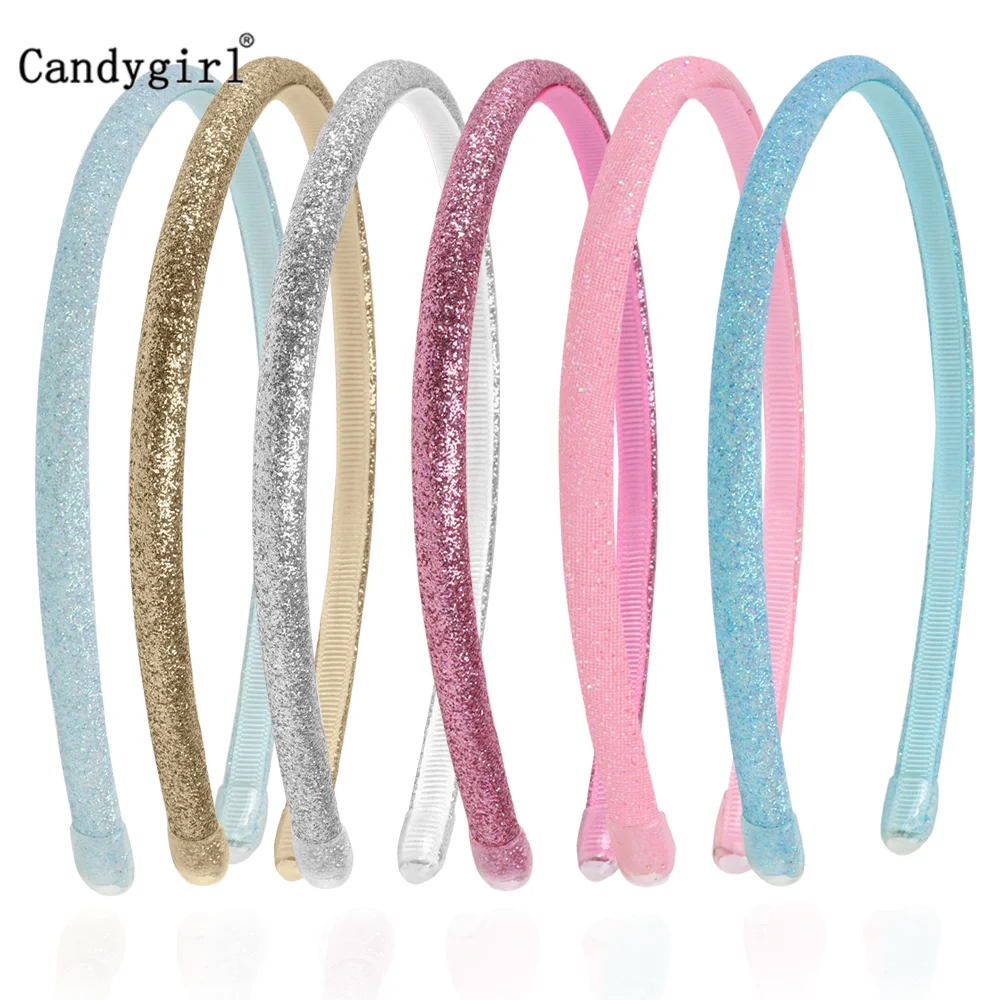 Candygirl 6pcs Girls Glitter Shiny Hairband Soft Anti-Slip Women Leather Headbands Solid Sparkly DIY Hair Hoop Accessories