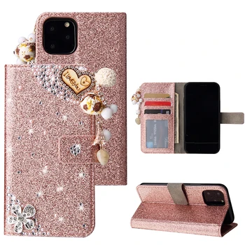 

Glitter Love Heart Rhinestones Case For iPhone 11 Pro Max SE 2020 10 X 6 6s 7 8 Plus XR XS Max 5 Flip Leather Wallet Phone Case