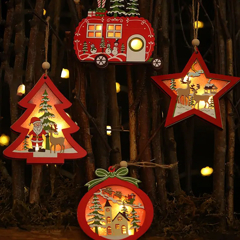 

2019 Creative Christmas LED Light Up Wooden Decorative Hanging Ornaments Indoor Christmas Tree Party Bedroom Holiday Decoration