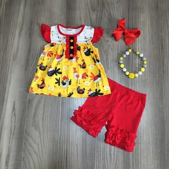 

baby girls summer outfits girls chook print top with red ruched shorts girls farm outfits with accessories