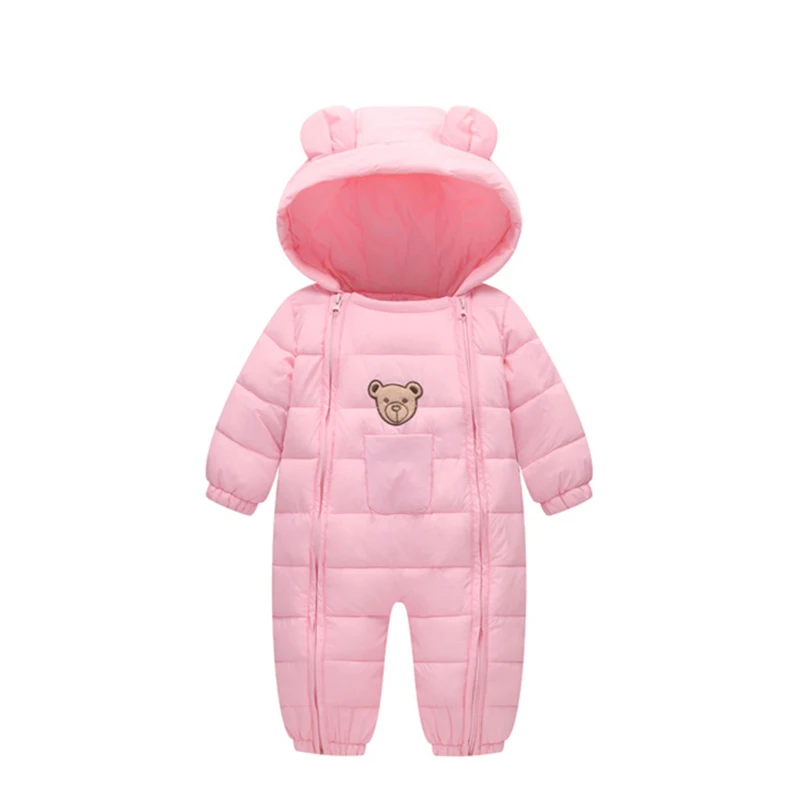 Для детей от 3 до 12 лет зимние Одежда для новорожденных Теплый хлопковый комбинезон Спортивный костюм для девочек Одежда для мальчиков, с капюшоном, с рисунком медведя, комбинезоны, комбинезоны, детская одежда - Цвет: Pink