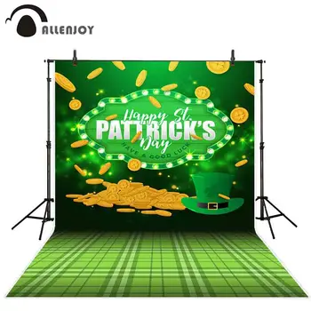 

Allenjoy photography backdrop Happy St. Patrick's Day green shamrock hat gold coins light party background for studio photophone