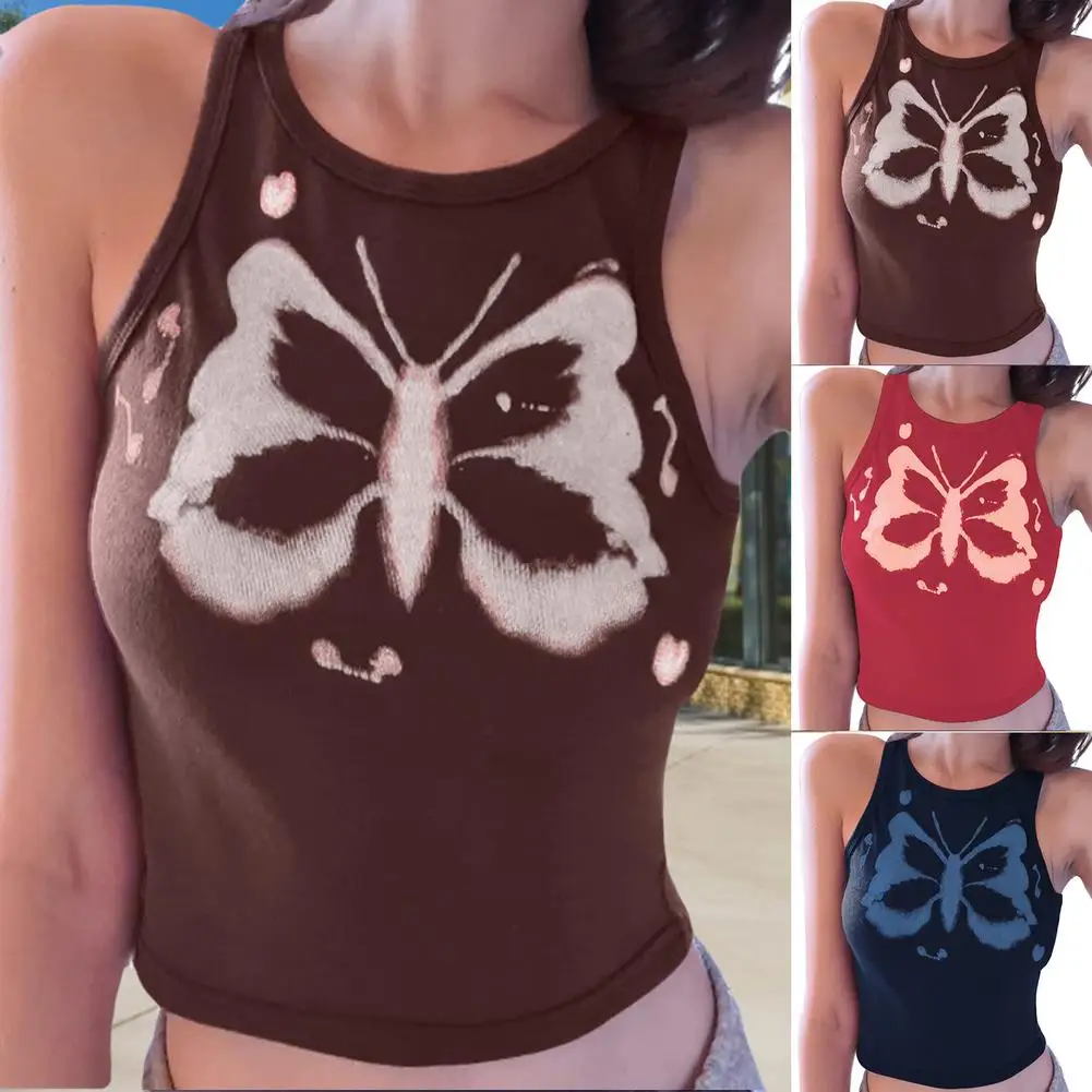 Y2K Women Crop Top Sleeveless Butterfly Print Tank Top Vest Tops Mujer Camisetas Mujer Floral Blouse Rash Guard Men