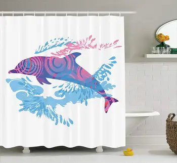 

Sea Animals Decor Shower Curtain Dolphin Figure with Colorful Patterns Underwater Life Illustration Fabric Bathroom Decor