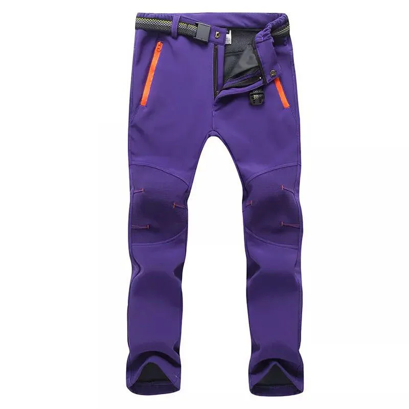 Winter Men Hiking Pants Outdoor Trekking Softshell Women Warm Pants Waterproof Thermal Camping Skiing Climbing Snow Trousers - Цвет: Women Purple