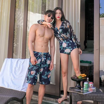 

Couple swimsuit female conservative cover belly slim long-sleeved sunscreen bikini new bikini men's swimsuit