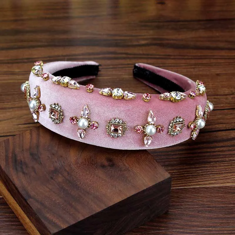 headpiece Novel Baroque Big Wide Velvet Hair Band Crystal And Pearl Wedding Headband Rhinestone Hairband Fashion Women Hair Accessories - Metal color: headpiece
