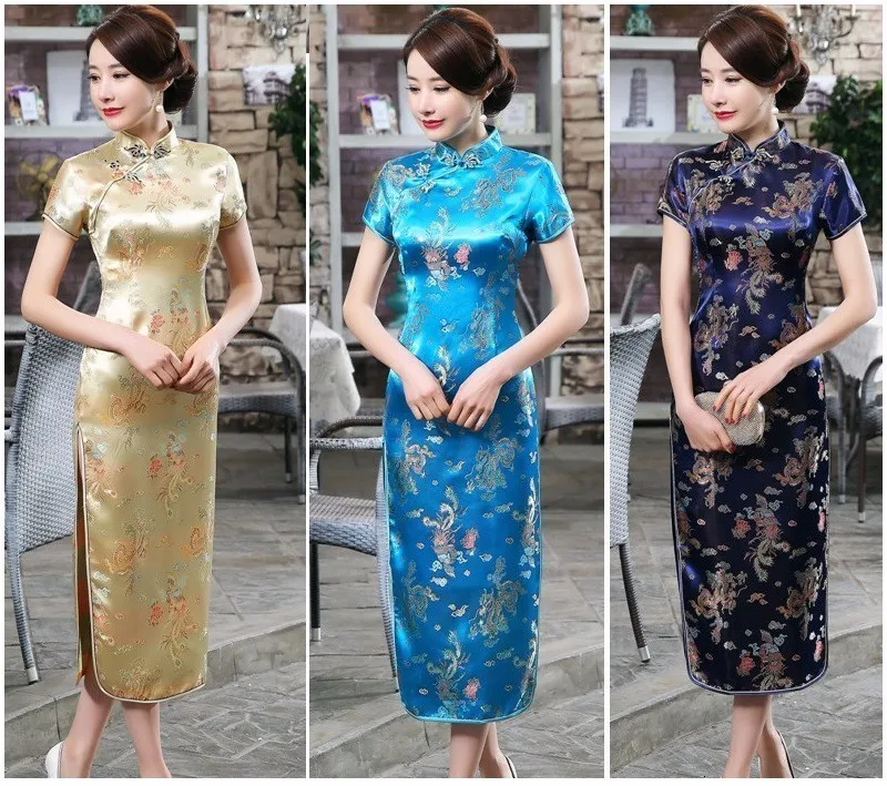 Плюс Размеры S-6XL Традиционный китайский платья Cheongsam дракон феникс длинное платье Qipao сексуальное Разделение костюм для выступлений леди