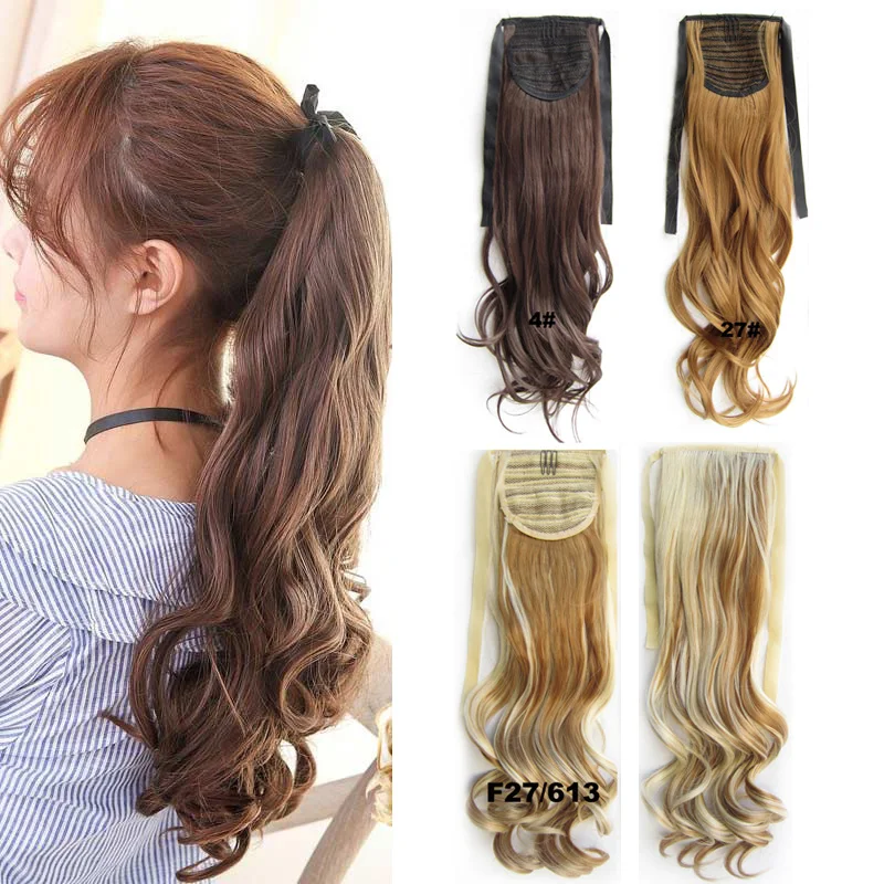 

Long Wavy Synthetic Ribbon Drawstring Ponytails Pure Mixed Gradient Color Hairpiece Pony Tail Extension