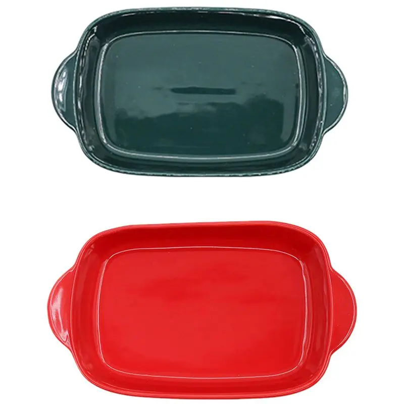 2 Pcs Ceramic Binaural Rectangular Cheese Baked Plate Pan Dishes Oven Bowl High Temperature 600C-Red &amp Dark Green |