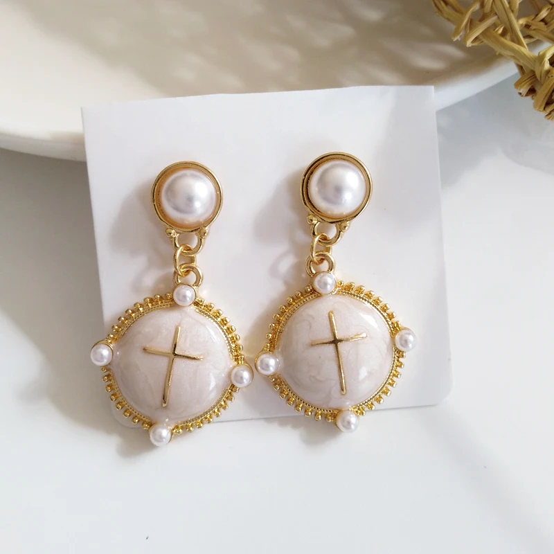 

UJBOX S925 Silver Post Fashion Baroque Dangle Earrings Imitation Pearl Cross Enamel Earrings No Ear Hole Earrings for Girls Gift