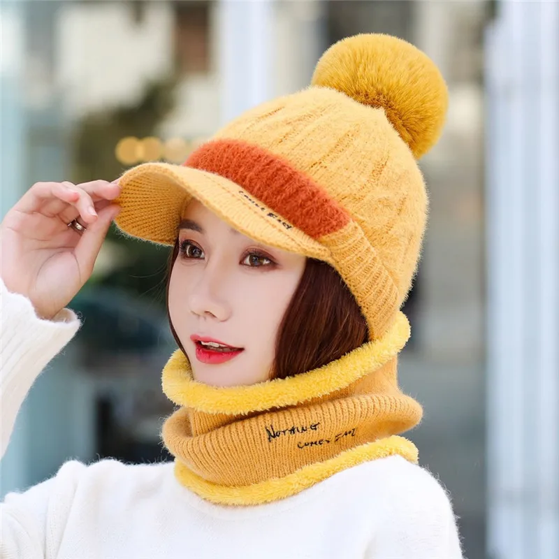 Прямая, комплект из 2 предметов для девочек, женские шапки Skullies Beanies, шапка с воротником, комплект для женщин, зимняя теплая вязаная шапка и шарф - Цвет: 2pc yellow