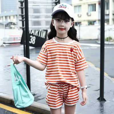 Children Striped T-Shirt+ Shorts 2 Pcs Clothing Set Girls Cotton Soft Clothes Suits Baby Girl Summer Loose Outfits AA11758 - Цвет: Красный