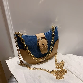 

Semicircle Saddle Bag Female 2020 New Versatile Lightweight Chest Bag Denim Panelled Shoulder Crossbody Bags Women Handbags