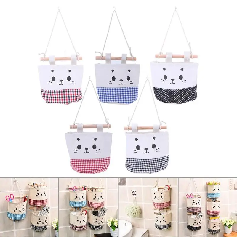 

Cotton Linen Wall Hanging Organizer Pocket Cartoon Cat Storage Bags Pockets For Cosmetics Storages Containers Bags