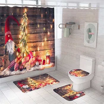 

Christmas Themed Shower Curtain Bathroom Mat Pad Non-slip Printing Bathtub Drape Holiday Decoration