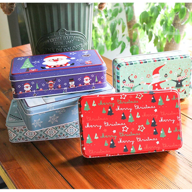 

2019 Rectangular Christmas Gift Boxes Candy Biscuit Tin Storage Box Santa Snowman Elk Cookie Packaging Case Festival Decorations