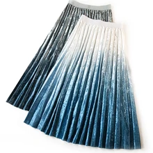 Осень Зима Новая Высокая талия золото бархат градиент плиссированная юбка для женщин трапециевидной формы миди юбка до середины икры