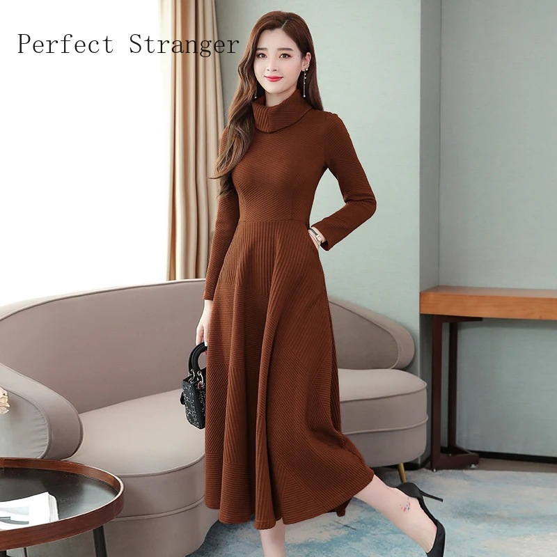 

2019 Winter Hot Sale Plus Size M-3XL Turtleneck Long Sleeve Solid Color Woman Knitting Long Dress