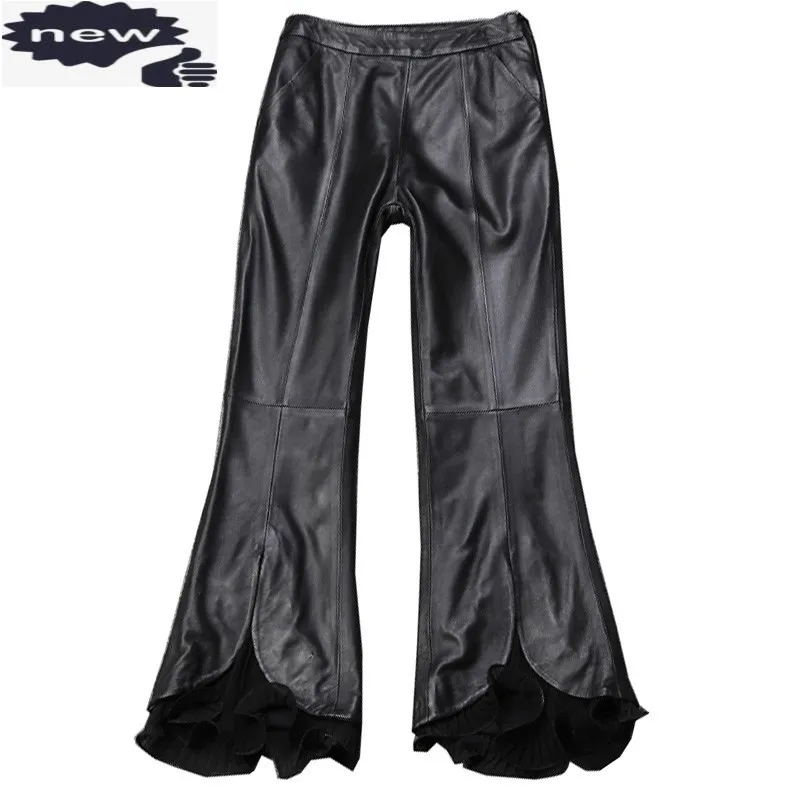 

Fashion Women Sheepskin Genuine Flare Boot Cut Lace Spliced Wide Leg Trousers High Waist Office Lady Leather Pants