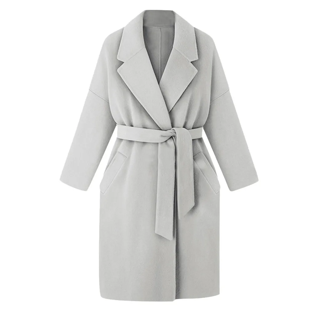 Большие размеры, свободное теплое шерстяное длинное зимнее пальто с отложным воротником, регулируемый пояс, шерстяные пальто для женщин, Офисная Рабочая одежда, элегантная одежда T3