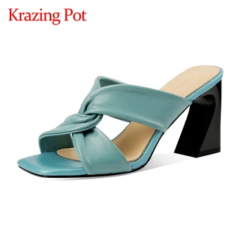 

Krazing pot 2020 high street fashion pleated square toe high strange heel summer shoes slip on mules slingback sandals women L47