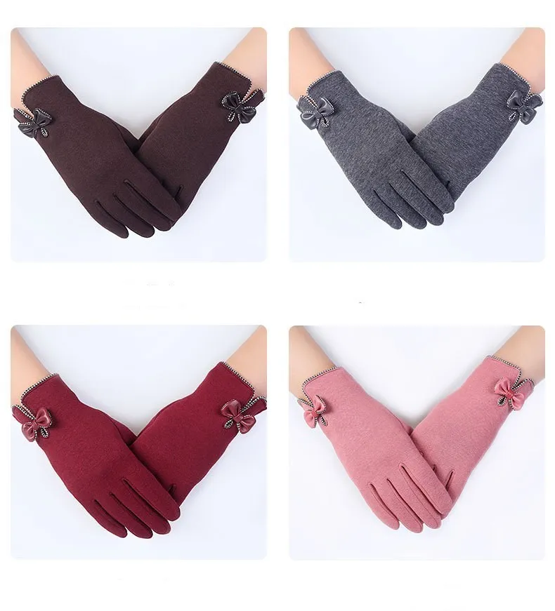 1 Pair Hot Fashion Autumn Winter Gloves For Women Suede Warm Comfortable Mittens With Bow Plus Velvet Thick Ladies Gloves