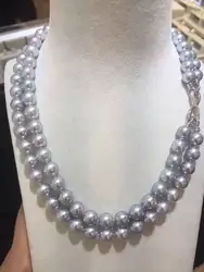 Натуральные две нити 9-10 мм Южное море светло-серый жемчуг necklace43-46cm