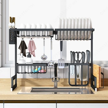 

Stainless Steel Kitchen Sink Drain Kitchen Rack DIY Dishes Cutlery Dry Drain Rack 2 Layer Design Storage Pantry Organizer