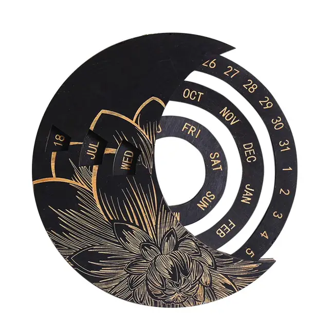 Wooden Round Turntable Calendar Creative Wooden Wall Calendar Wall Hanging Crafts Desktop Decorative Classic Gift Yellow