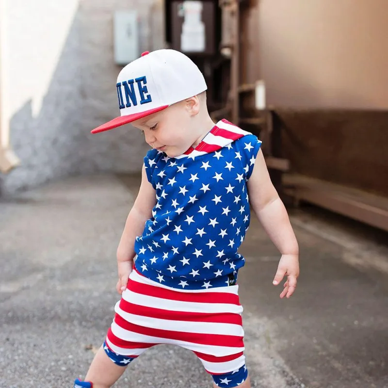 

Kids Boys Sleeveless Star Stripe Print Hooded Tops Blouse Vest+Pants Children Casual Outfits Sets American Holiday Boy Set