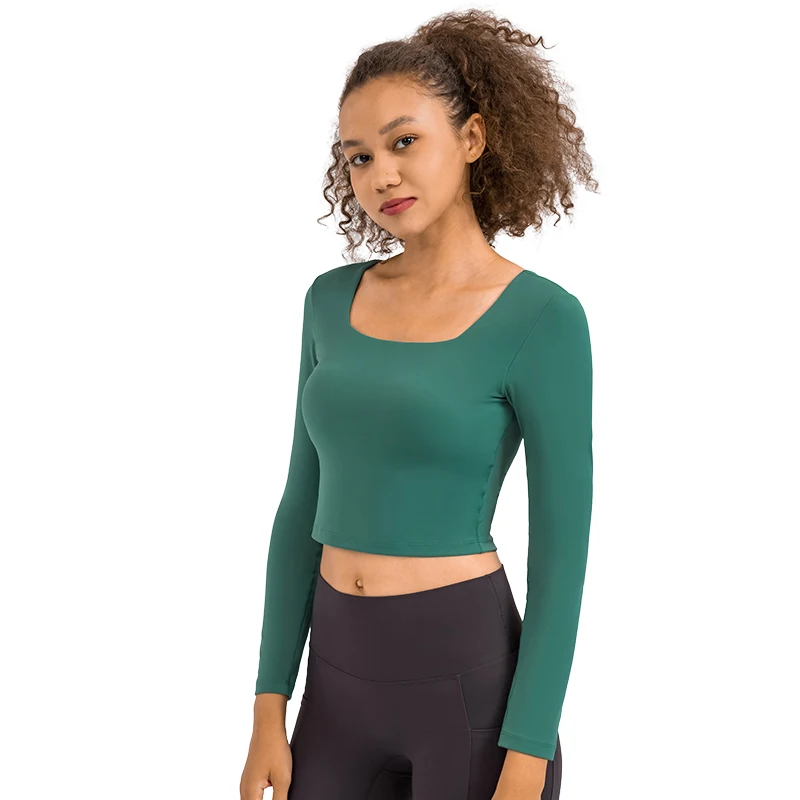 

ABS LOLI Square Neck Long Sleeved Sport Fitness Crop Tops For Women Slim Fit Padded Yoga Gym Athletic Shirt with Built In Bra