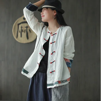 

Spring Summer Blouse Retro Women Loose Tops Coat 2020 Ladies New O-Neck Button Casual Shirt Vintage Panelled All-match All-match