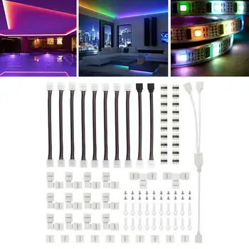 

75pcs LED Strip Connector Kit DIY Jumper For 5050 RGB 10mm 4Pin Clips T Shape Accessories Splitter Cable Easy Install 8 Types