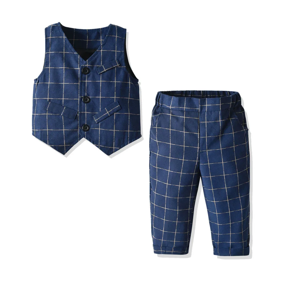 navy blue Клетчатый Модный осенний комплект одежды для малышей, костюм для маленьких мальчиков деловой жилет для джентльмена на свадьбу рубашка с галстуком брюки, комплект одежды из 2 предметов - Цвет: navy blue