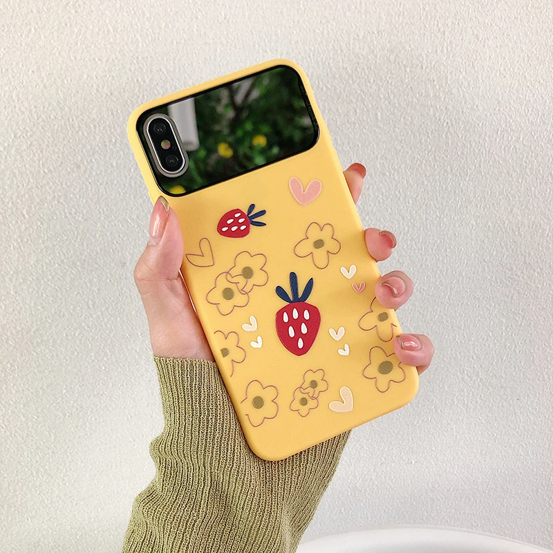 Matte Strawberry Floral Mirror Phone Case for Iphone 11 11pro Max 6s 7 8plus Xr Xs X Shockproof Make Up Soft Tpu Back Cover | Мобильные