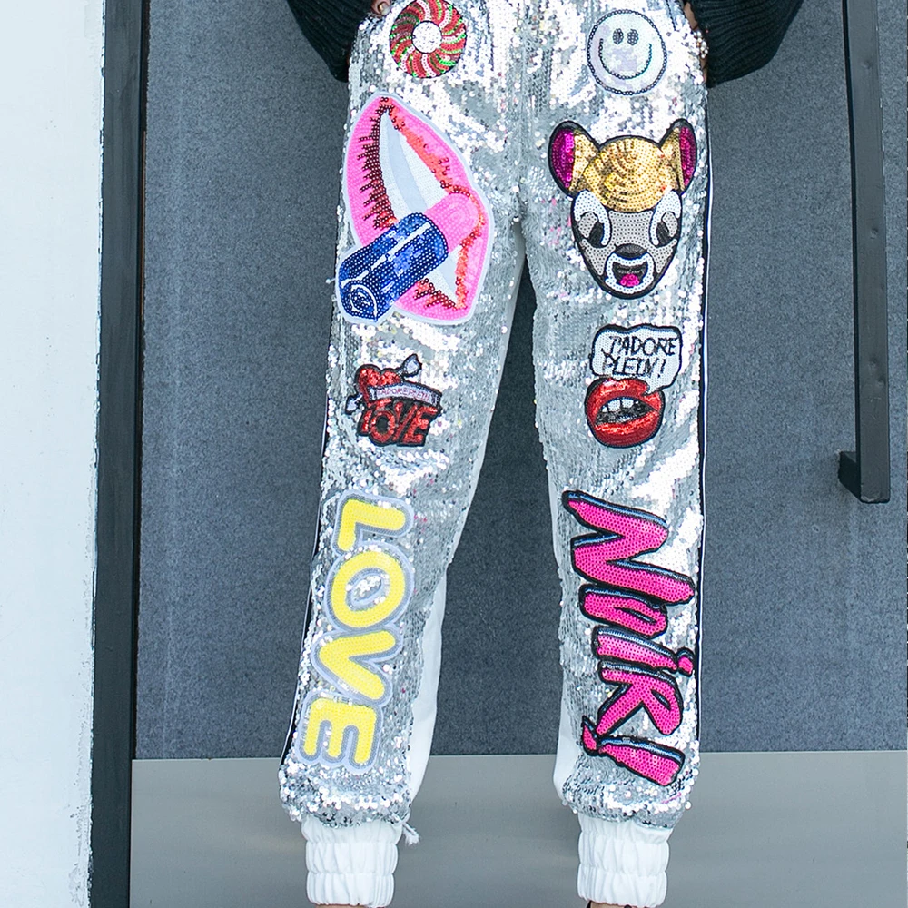 Новые женские штаны Harajuku Paillette уличная панк стиль мультфильм Мода