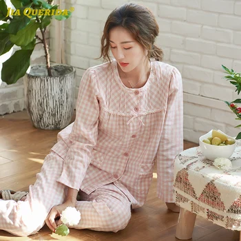 

New Pajamas Set Homesuit Homeclothes Sleepwear Casual Style Pj Set Crew Neck Long Sleeve Long Pants Plaid Printing Pjs Women