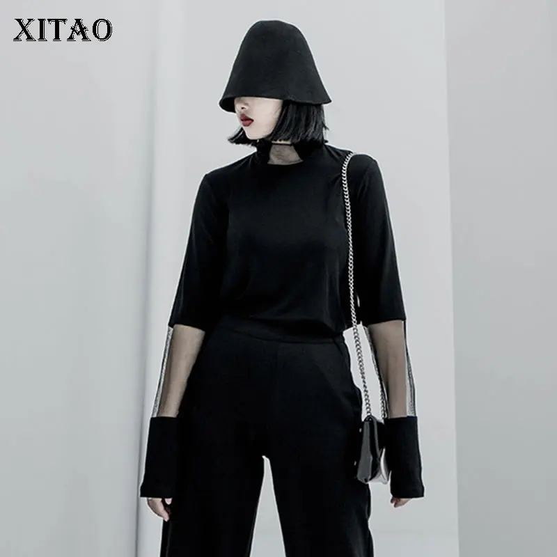 XITAO сетчатая тонкая футболка Женская корейская мода новая водолазка Лоскутная 2019
