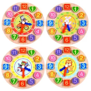 

Geometry Clock Block Puzzle Wooden Cartoon Pattern Threading Digital Clock Geometric Shape Early Education Enlightenment Toy