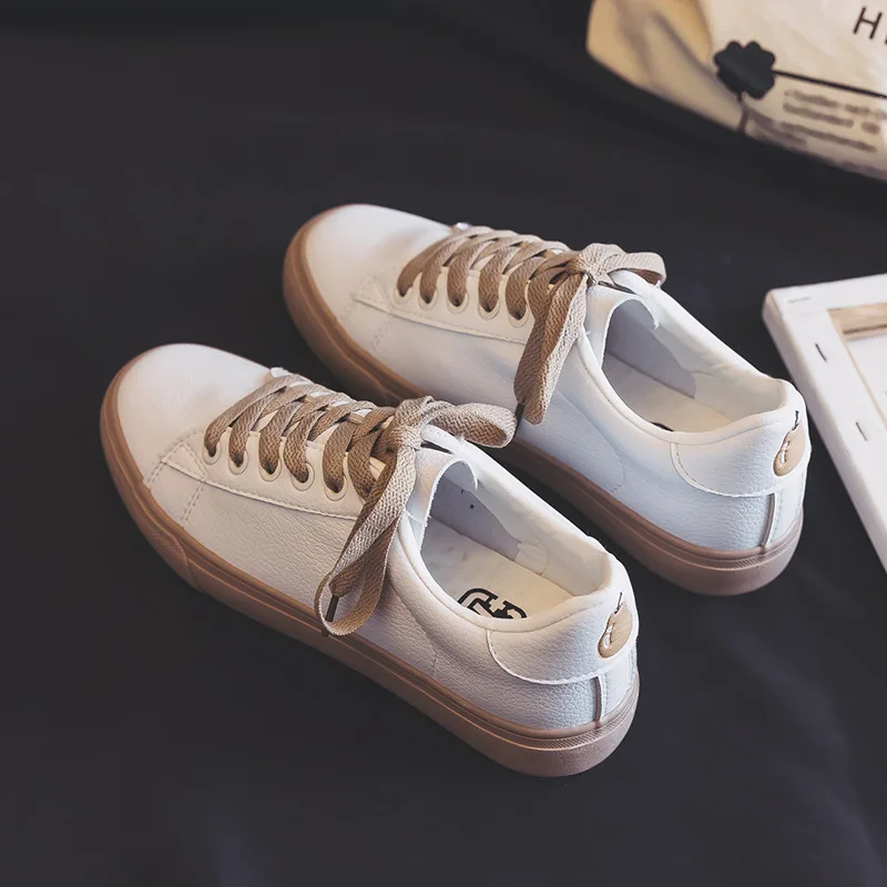 

New White Shoes Women Sneakers Pink Cute Fruits Peach Grape Pear Lace Up Lady Leather Casual Shoes Flat Heel Waterproof D4-47