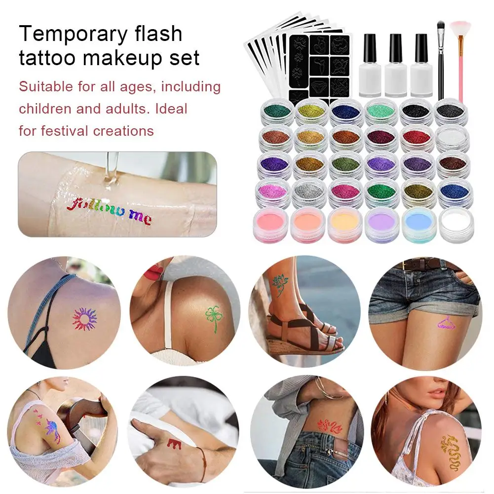 24 Color Tattoo Paint Templates Set Flash Diamond Glitter Flash Powder For Temporary Tattoo Set Kids Face Body Painting Art Tool