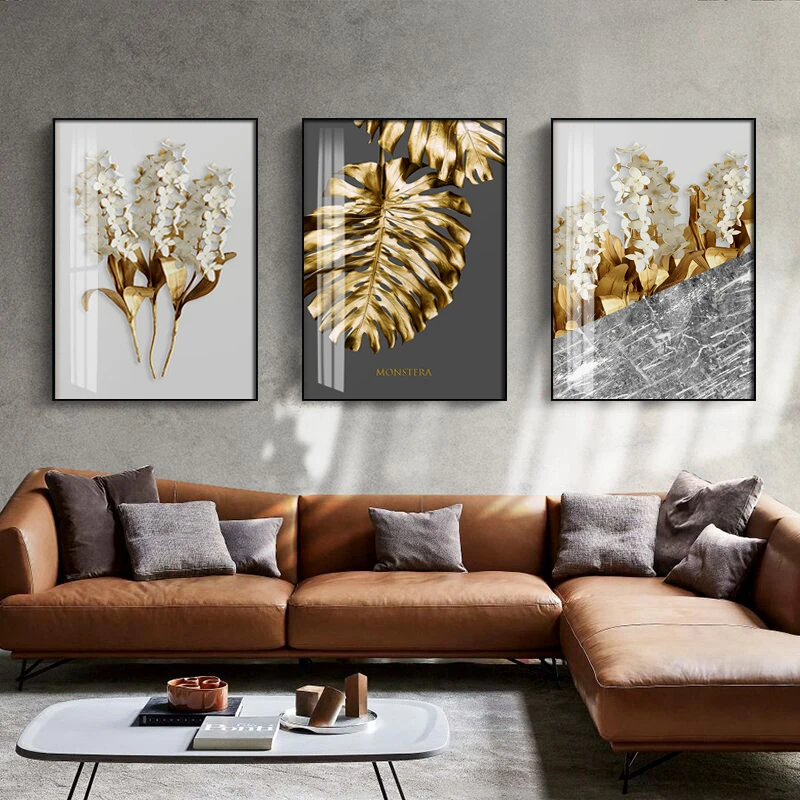 Nordic-Golden-abstract-leaf-flower-Wall-Art-Canvas-Painting-Black-white-feathers-Poster-Print-Wall-Picture