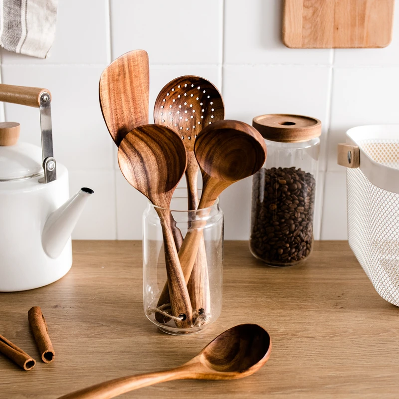 Natural Teak Wood Cooking Spatula Kitchen Utensil Set Tableware Spoon Colander Soup Skimmer Spoons Scoop Kitchen Cooking Tool Set (2)